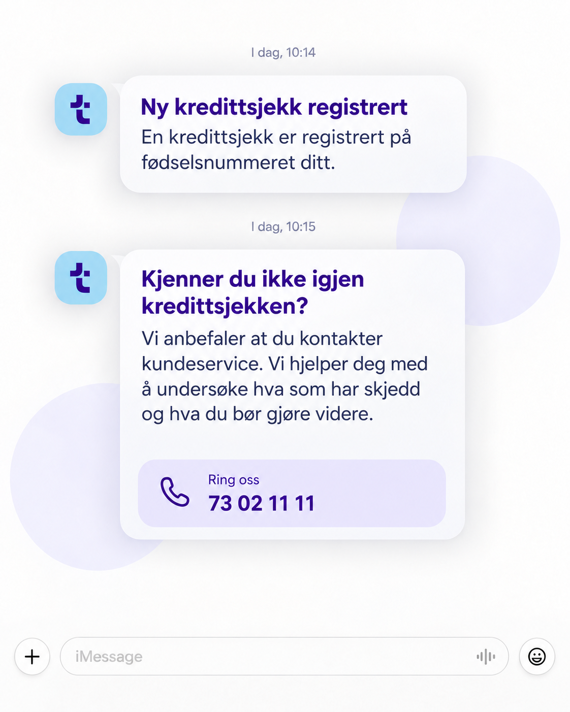 SMS-varsel fra Tryggsam om ny kredittsjekk registrert på fødselsnummeret ditt